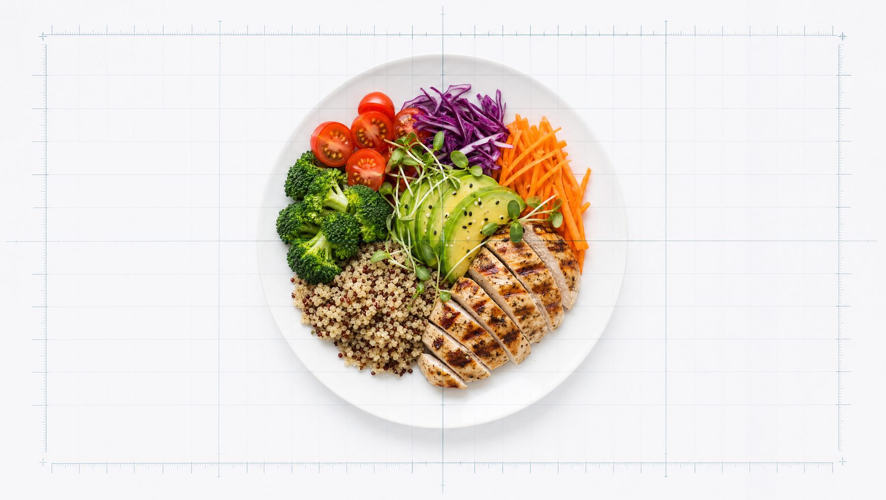 Assiette de nourriture avec une grille de calibration superposée, symbolisant l'analyse nutritionnelle par IA de NutraScan